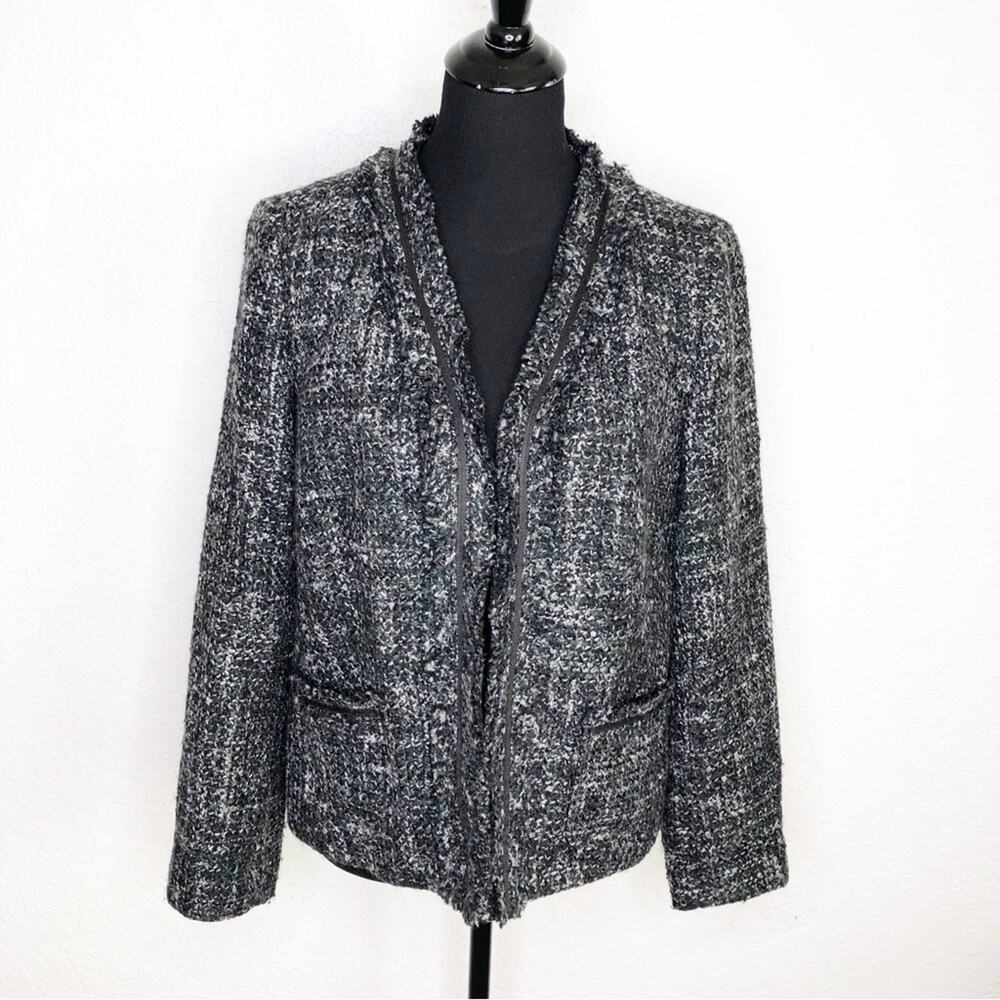 Talbots black‎ gray tweed fringe trim wool blend blazer size 16 Petite 16P